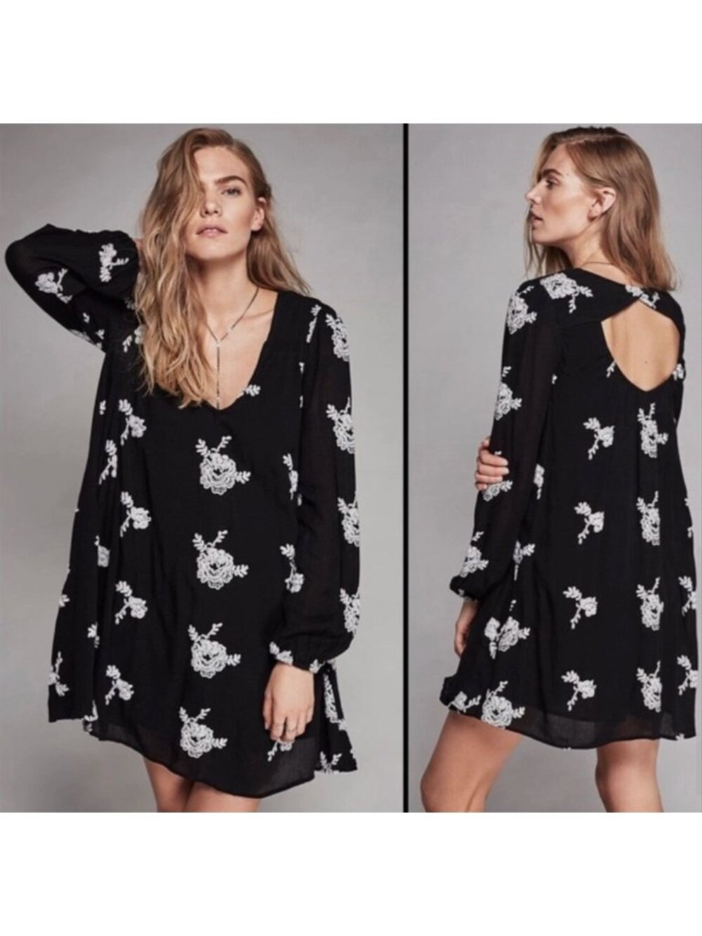 Free People Embroidered Austin Mini Dress Black White Cutout Size S Pockets‎